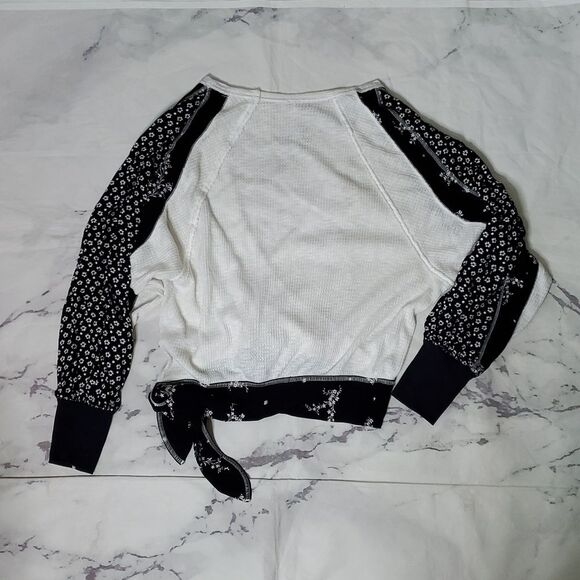 Free People Auxton Thermal Waffle  White and Black Wrap Top with Floral Sleeves - Picture 5 of 5